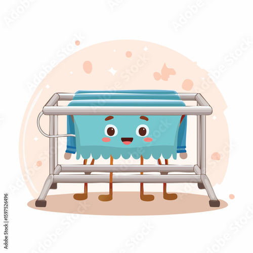 drying rack in cute cartoon character style with expressive face and limbs.