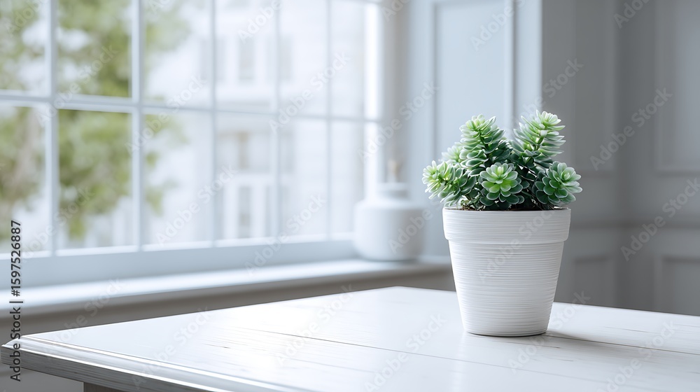 Fototapeta premium Blank white mat with small potted plant on white table in front of window. .
