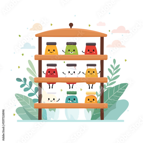 spice rack in cute cartoon character style with expressive face and limbs.