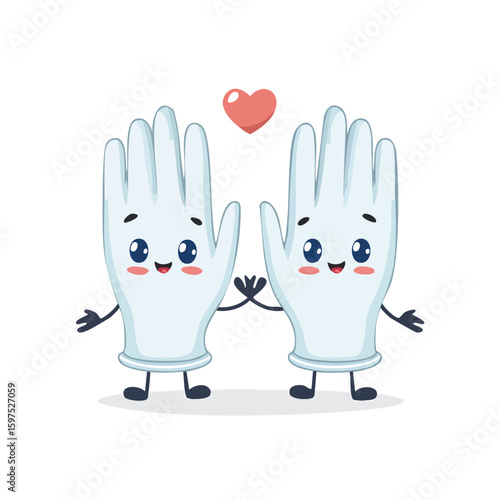 Disposable gloves in cute cartoon character style with expressive face and limbs.