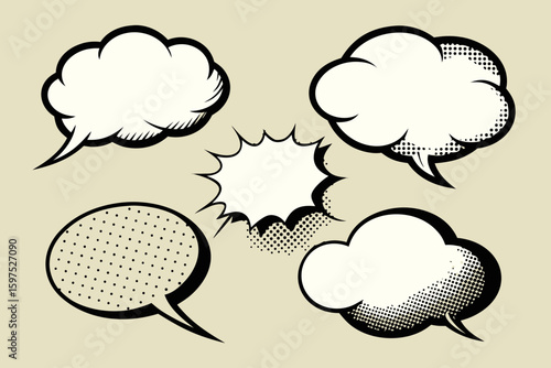 Collection of retro comic book style speech bubbles and thought clouds