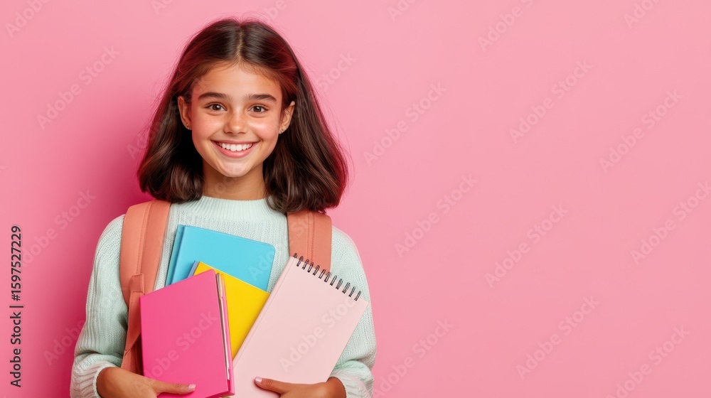 Young Student's Happy Smile with Books: A joyful young student with a radiant smile, cheerfully clutching vibrant notebooks, a testament to the spirit of learning and academic promise. Young Student's Happy Smile with Books: A joyful young student with a radiant smile, cheerfully clutching vibrant notebooks, a testament to the spirit of learning and academic promise.