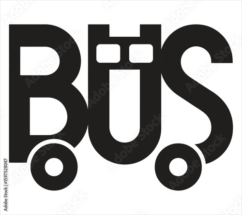 Bold graphic representation of the word bus with wheels transportation typography