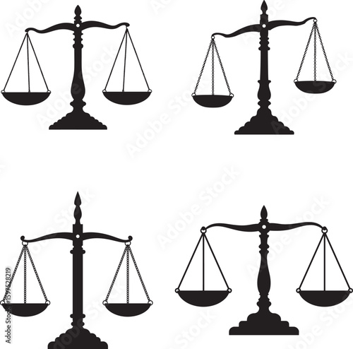 Four black silhouette illustrations of balance scales symbolizing justice and law