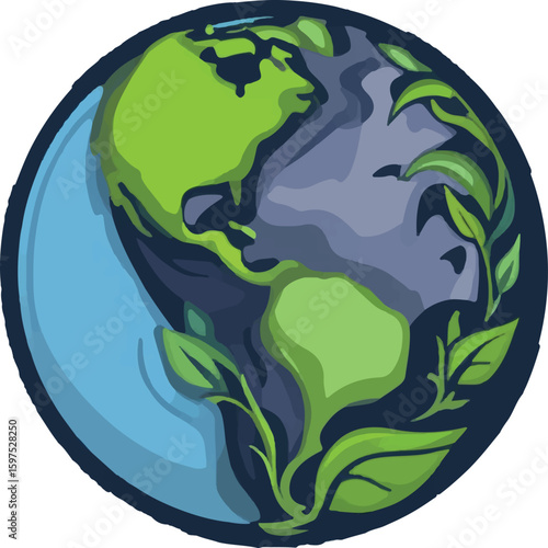 Stylized earth with green leaves and blue ocean