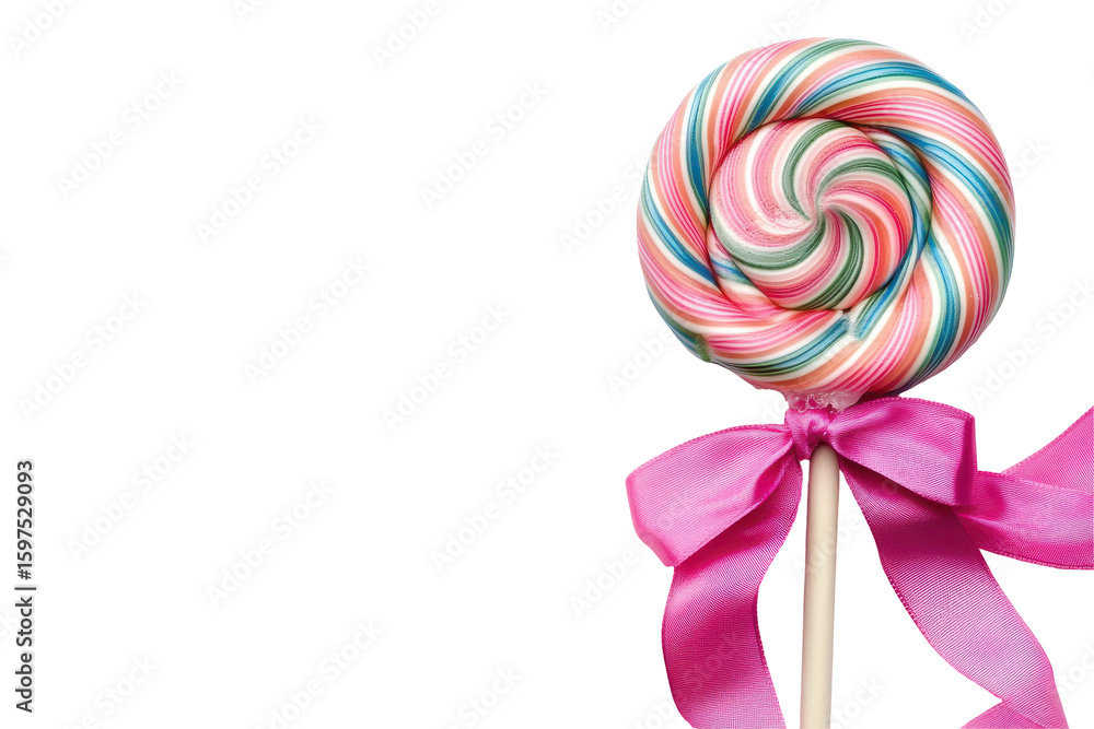 Fototapeta premium Colorful swirl lollipop with pink ribbon isolated on transparent background. Colorful spiral lollipop with a pink ribbon isolated on white background.