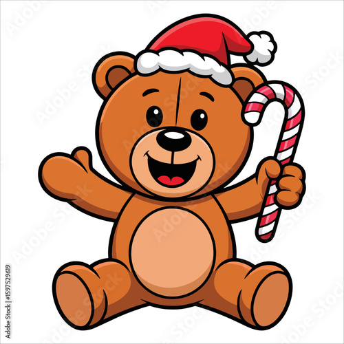 Cartoon Christmas teddy bear with candy cane. Vector illustration ideal for festive holiday themes and cute seasonal celebration graphics