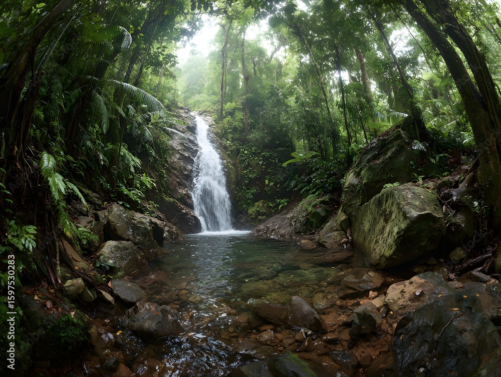 Fototapeta premium Serene Waterfall Cascades Through Verdant Green Forest
