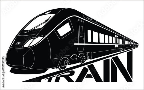 Sleek black train with white accents on white background transportation