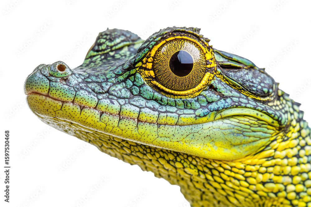 Fototapeta premium Close up of a vibrant green and yellow lizard eye and scales isolated on transparent background. Crocodile isolated on white background.