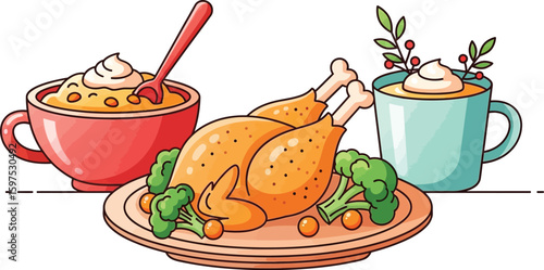 Cartoon roast chicken dinner with broccoli and soup for Thanksgiving