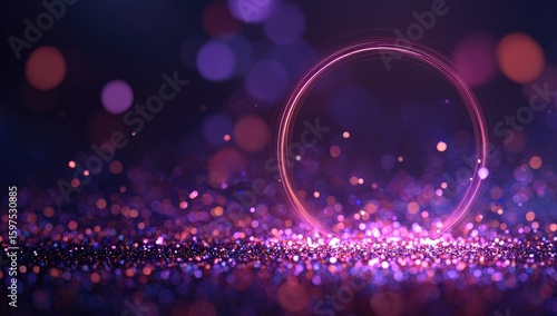Abstract, vibrant, purple and pink, glowing circle, glitter background