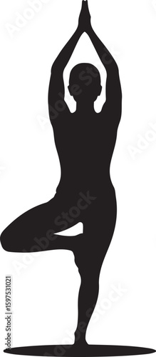 Silhouette of woman in tree pose, demonstrating yoga and wellness, vector origin graphic