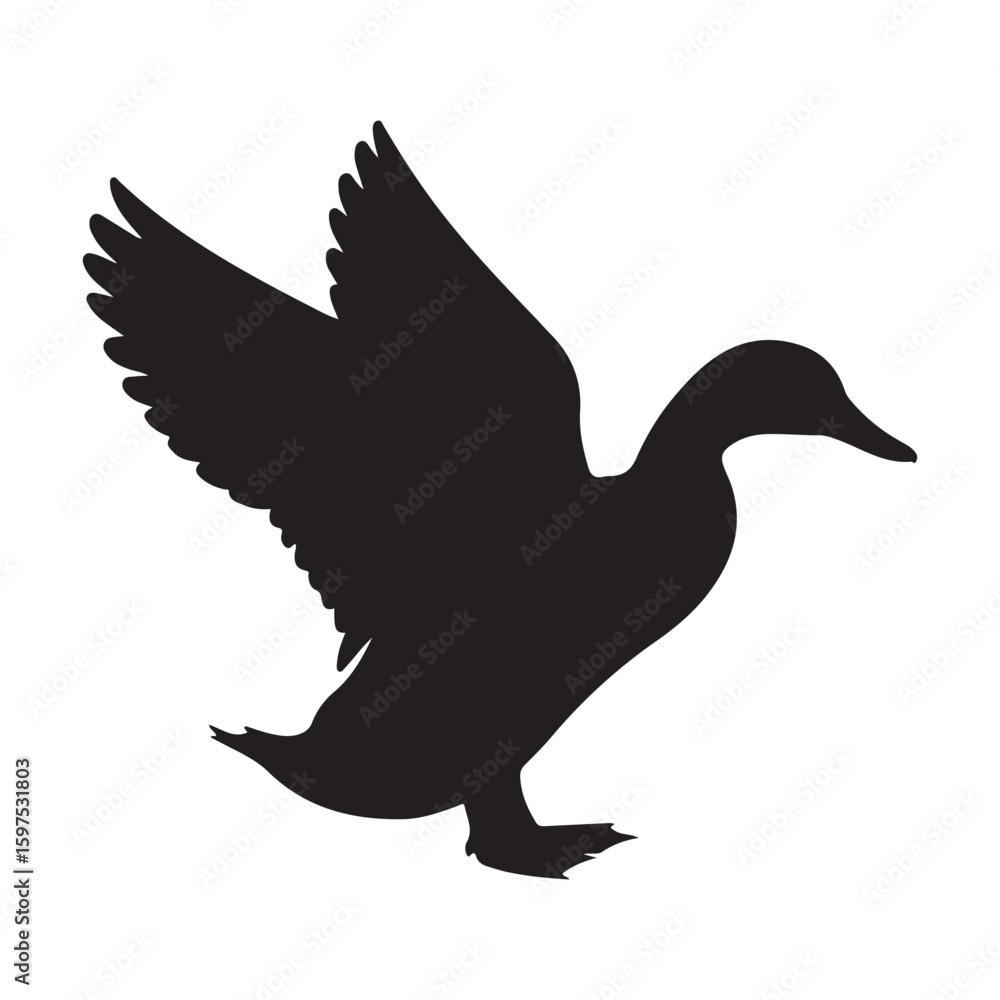 Fototapeta premium Black silhouette of a duck with wings spread in flight white bird
