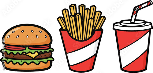 Burger fries and soda vector illustration for fast food restaurant menu design and social media marketing