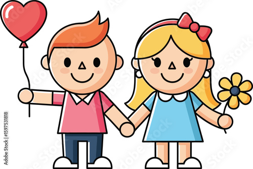 Cute cartoon couple holding hands with heart balloon and flower vector illustration for valentine's day
