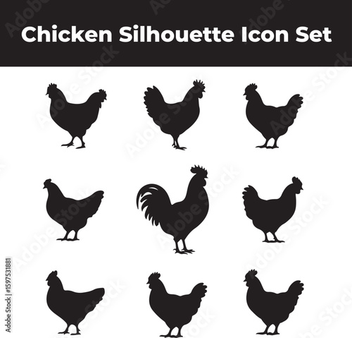 Nine black chicken and rooster silhouettes on white background poultry bird