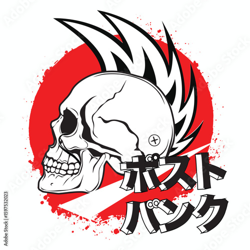 ChatGPT said:
A bold vector illustration of a punk skull with a spiked mohawk, set against a red grunge circle. Features Japanese katakana text reading “Post Punk.” Perfect for alternative, punk rock,