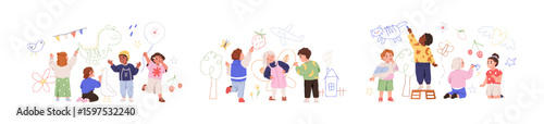 Kids drawing on wall with chalk, crayon. Kindergarten children groups painting cute doodles and creative scribbles. Boys and girls creativity. Flat vector illustration isolated on white background