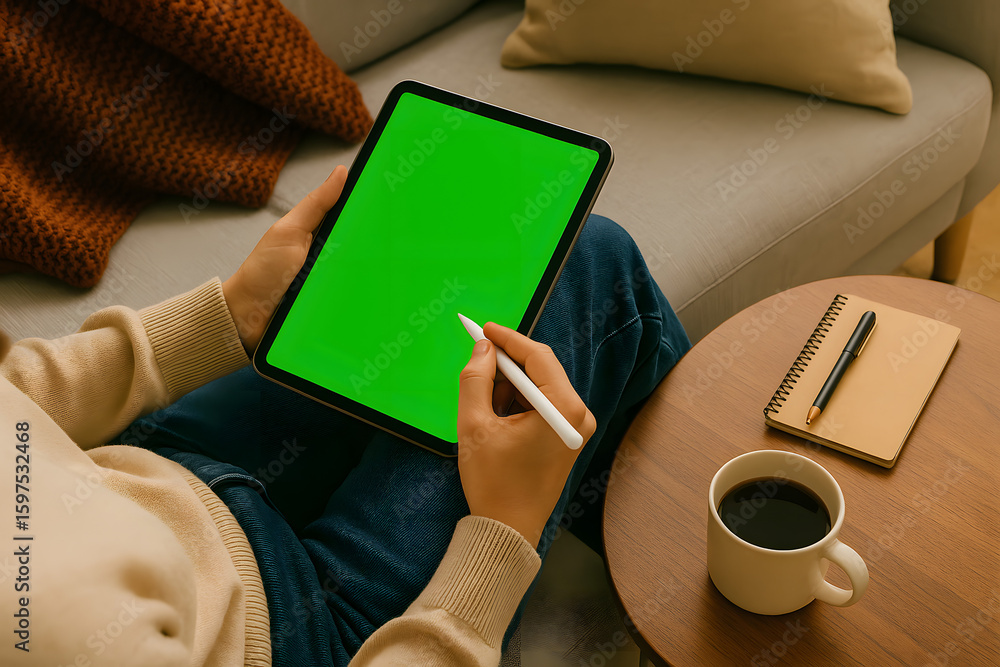 Obraz premium A tablet on someone's lap on a lounge sofa, displaying a green screen