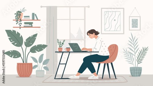 Woman working on laptop at home desk surrounded by plants and natural light.