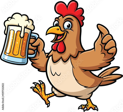 Cartoon chicken holding a beer mug and gesturing thumbs up happily