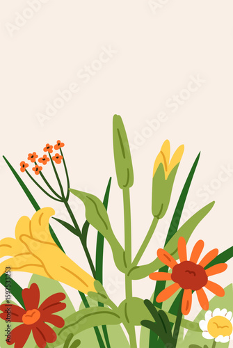 Floral card. Summer nature background. Flower blossoms, poster design with daisies, lily, garden blooming plants and field wildflowers, leaves. Botanical floristic flat vector illustration