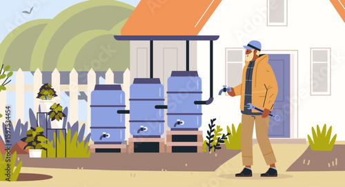 Rainwater harvesting system installation man working barrels tools outdoor garden home sustainable environment landscape flat design