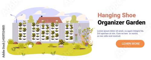 Hanging shoe organizer vertical garden backyard plants growing on fence with house trees and gardening tools outdoor landscape website banner