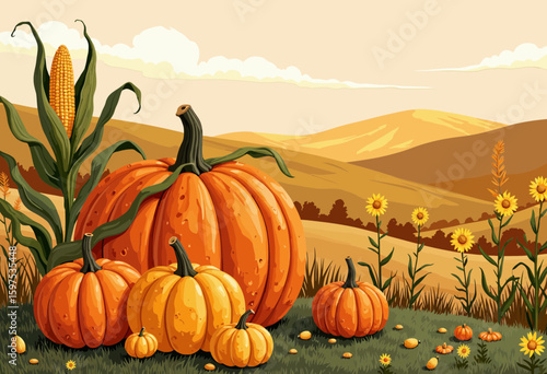 Pumpkin patch with autumn landscape and sunflowers in the background  