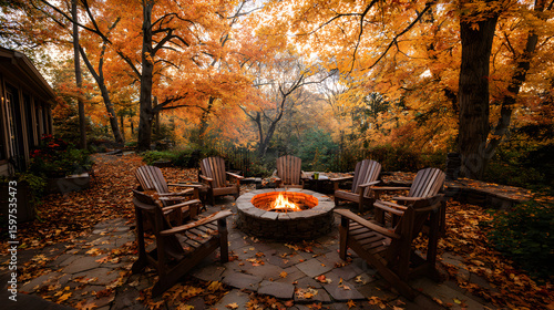 Fototapeta Naklejka Na Ścianę i Meble -  Cozy autumn evening at outdoor fire pit gathering with comfortable wooden chairs surrounded by colorful fall foliage