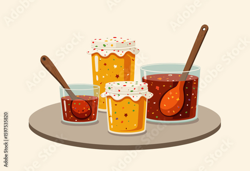 Jars of colorful jam with wooden spoons on a serving platter  