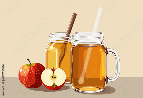 Refreshing apple cider in mason jars with apples on wooden table  