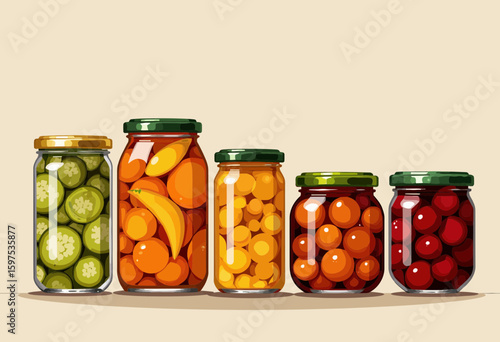 Glass jars with colorful preserved fruits and vegetables on shelf  
