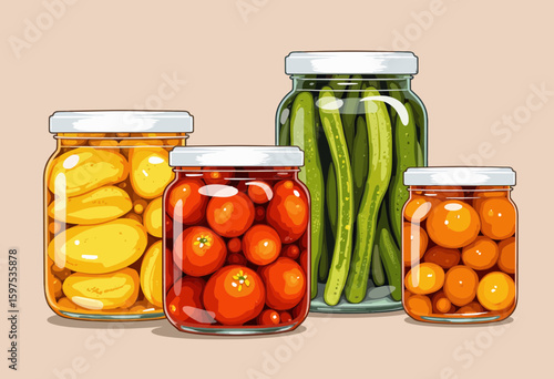 Jars of pickled vegetables with colorful contents on light background  