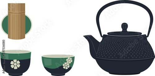 Japanese tea ceremony set vector illustration with teapot matcha whisk and tea bowls for traditional drink