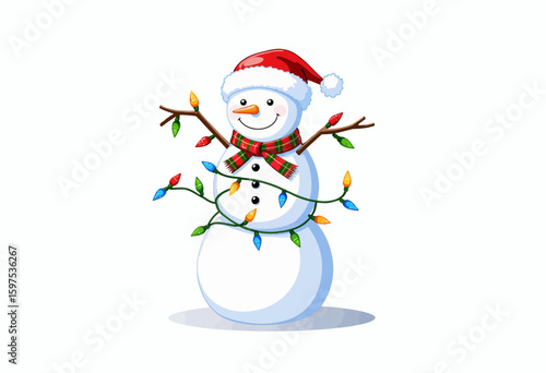 Cheerful snowman wearing a Santa hat and decorated with lights  