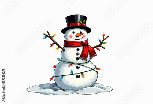 Cartoon snowman with festive lights and a red scarf in winter  