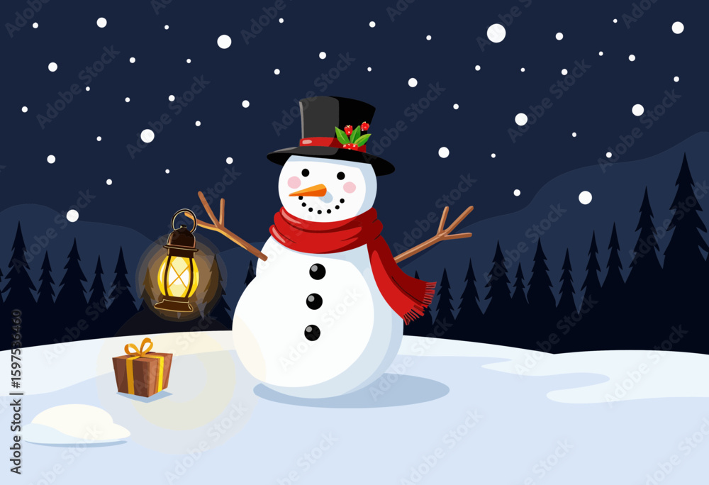 Fototapeta premium Cheerful snowman holding lantern with gifts in snowy winter landscape 