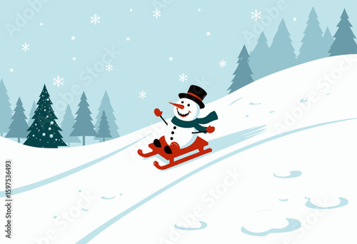 Snowman riding sled down snowy hill with trees in winter landscape  