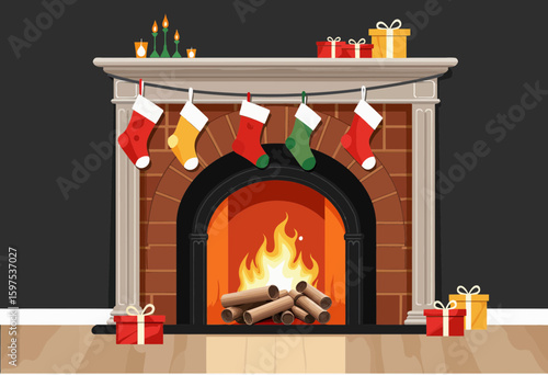 Cozy fireplace decorated for Christmas with stockings and gifts  