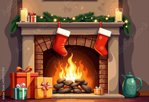 Cozy Christmas fireplace with stockings and wrapped gifts  