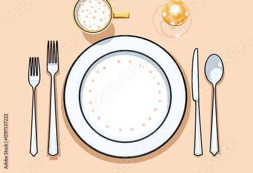 Empty plate set on table with cutlery and coffee cup  