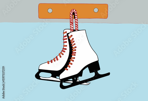 Ice skates hanging on a hook against a light blue background  