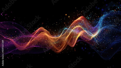 Abstract swirling energy waves of vibrant colors, with scattered luminous particles, on a black background