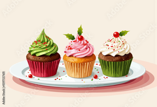 Colorful holiday cupcakes on white plate with festive decorations  