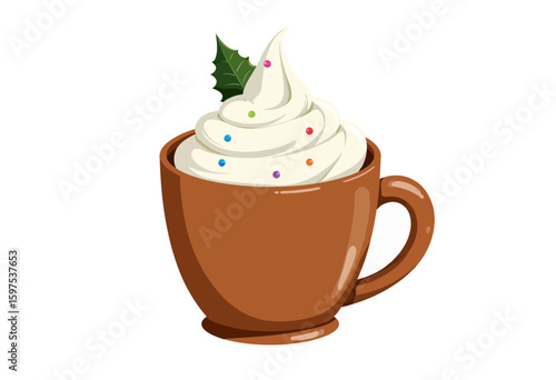Hot chocolate cup with whipped cream and festive toppings  