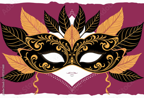 Decorative black mask with golden leaves on purple background  