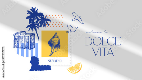 Hand drawn watercolor and sketch tropical poster. Dolce vita summer vibe. Vector vintage illustration