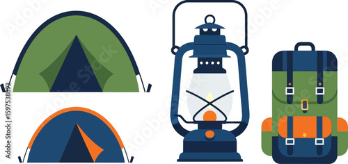 Camping gear essentials vector illustration tents lantern and backpack for outdoor adventures trip